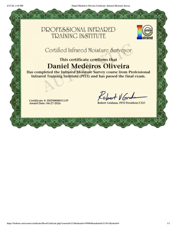 Certified Infrared Moisture Surveyor Certificate